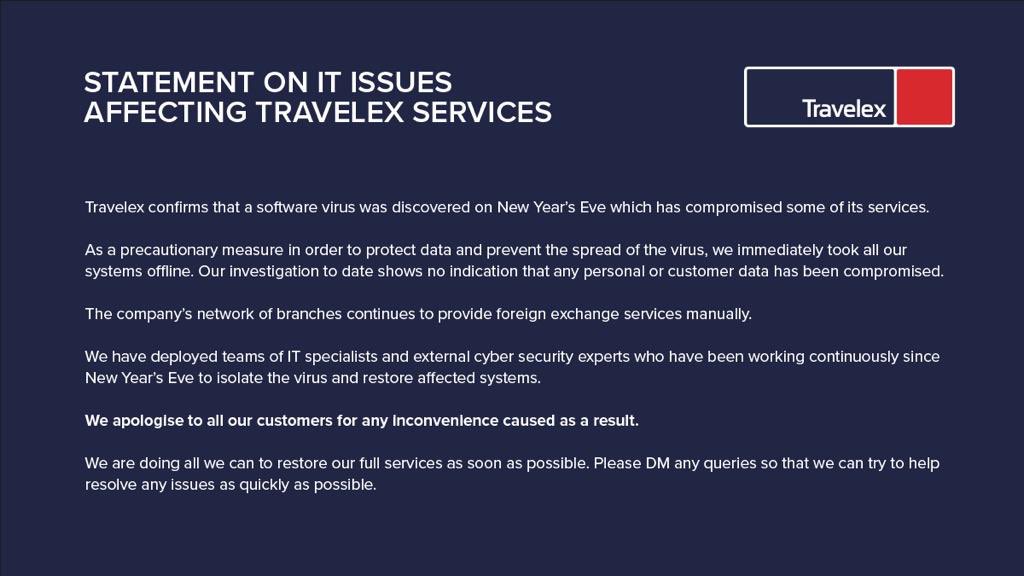 Travelex ransomware social media statement