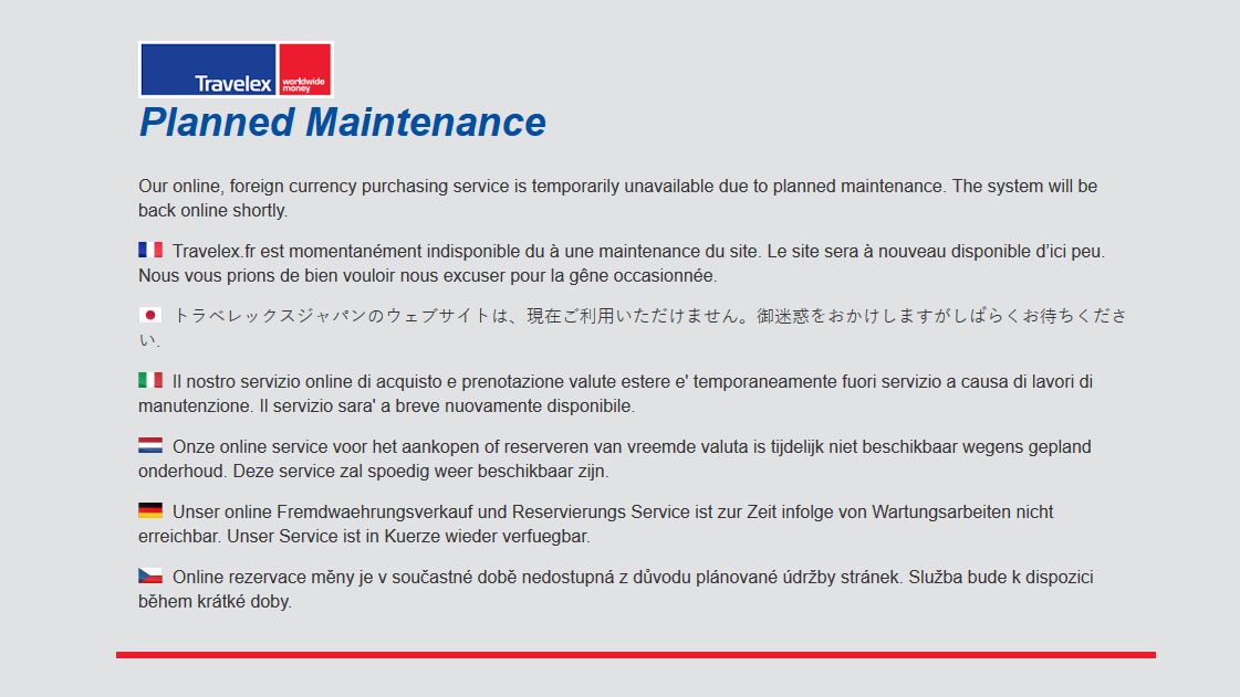 Travelex planned maintenance statement
