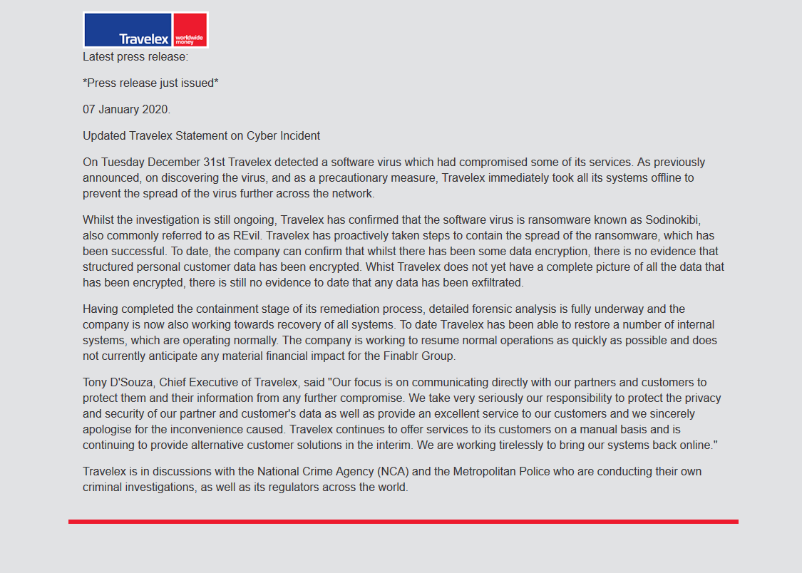 Travelex media statement